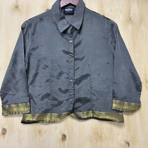 VTG Fashion Web Button Up Shirt Womens Medium Gray Gold Metallic Trim 3/4 Sleeve
